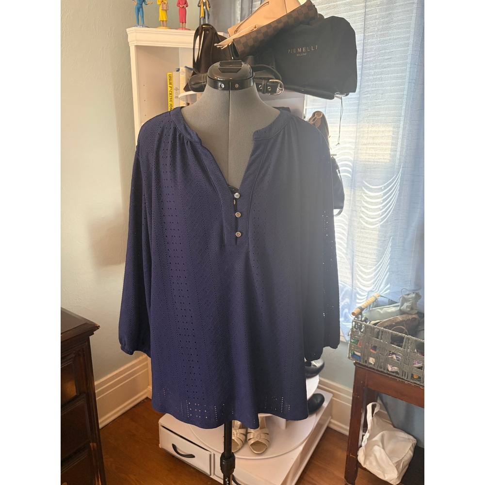 Coral Bay Blouse 2X Navy Blue Eyelet Henley 3/4 Sleeve Classic Career Office